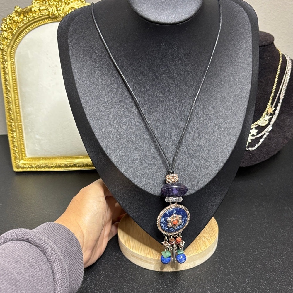 Artisan Leather Cord Boho Dangle Lapis Elegant Multicolor Pendant Necklace